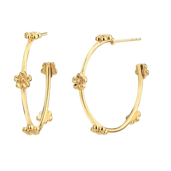14K Yellow Gold Over Brass Flower Station Hoop Earrings - Picture 1 of 2